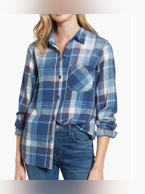 CURRENT/ELLIOTT The Plaid Boyfriend Shirt 0 19” p2p Blue Multi $268 Retail EUC